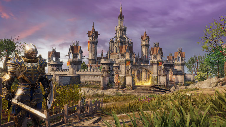 Disciples: Liberation in-game screenshot showing a castle with a guard